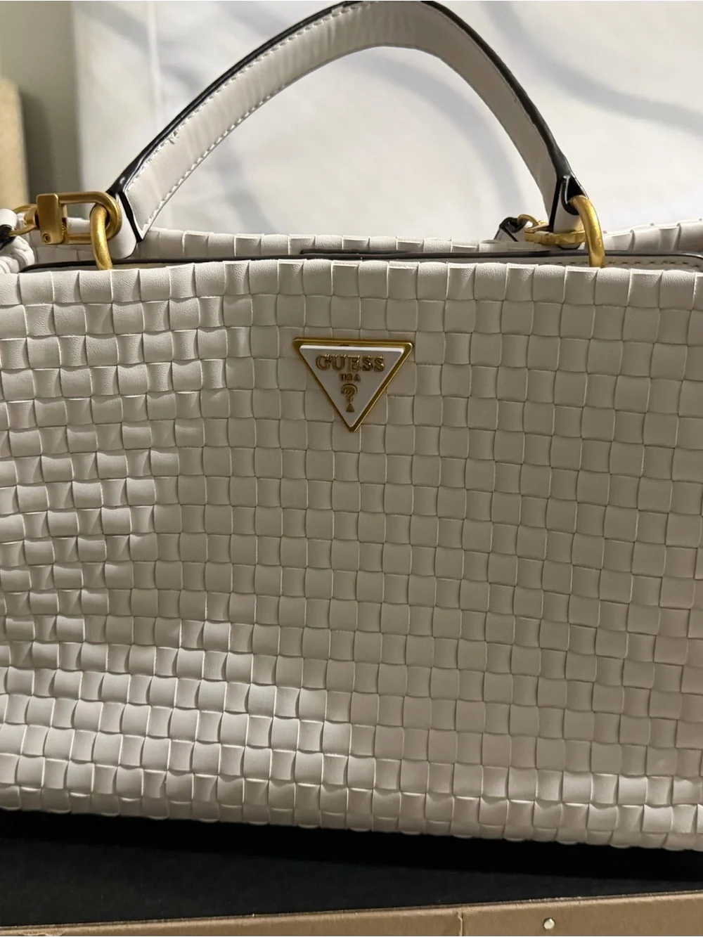 GUESS Cream Woven Top-Handle Satchel with Gold Hardware